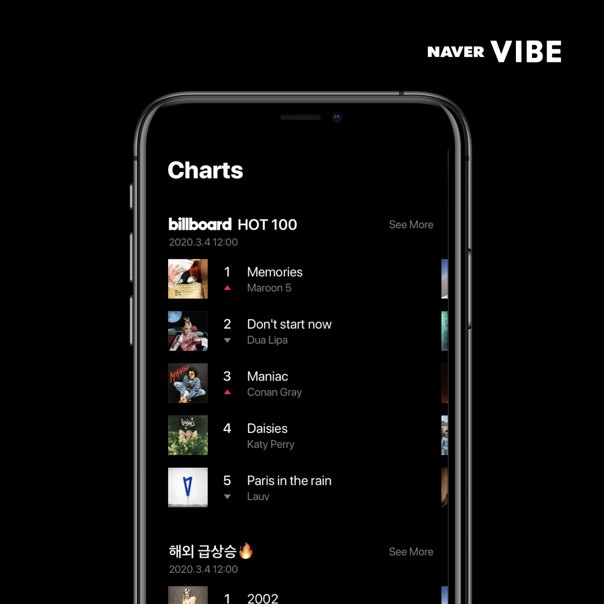 네이버 바이브(VIBE)와 나우(NOW.)에서 빌보드 차트를 들어보세요