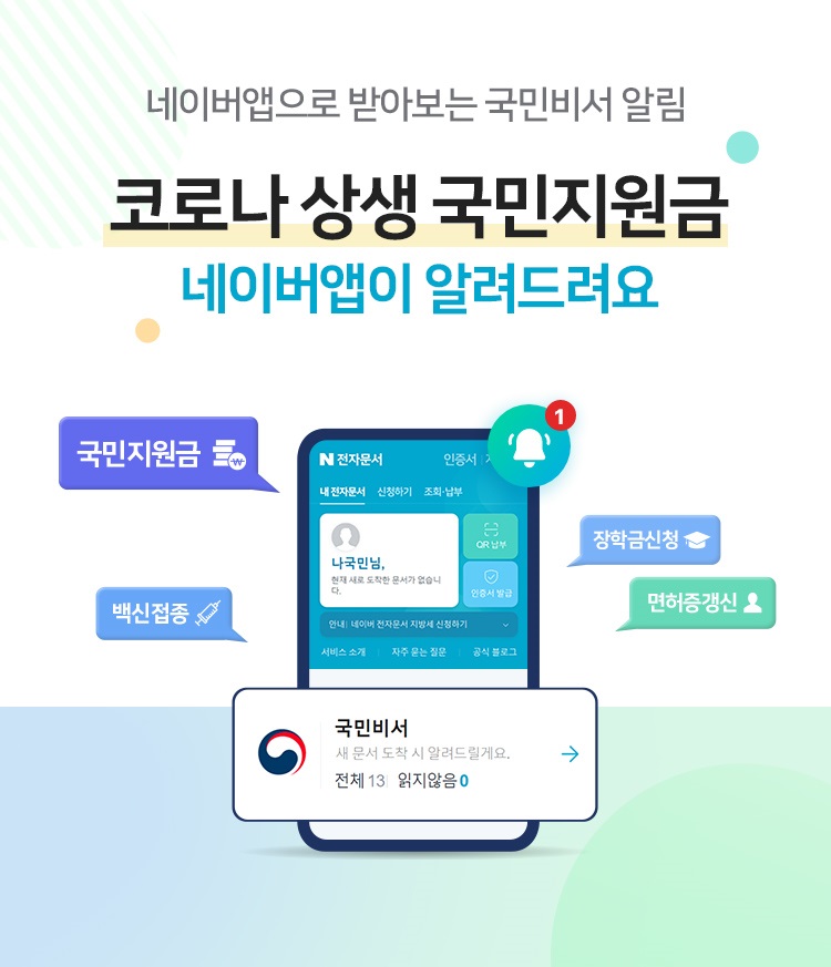 네이버앱으로 받아보는 국민비서 알림…코로나 상생 국민지원금도 확인한다